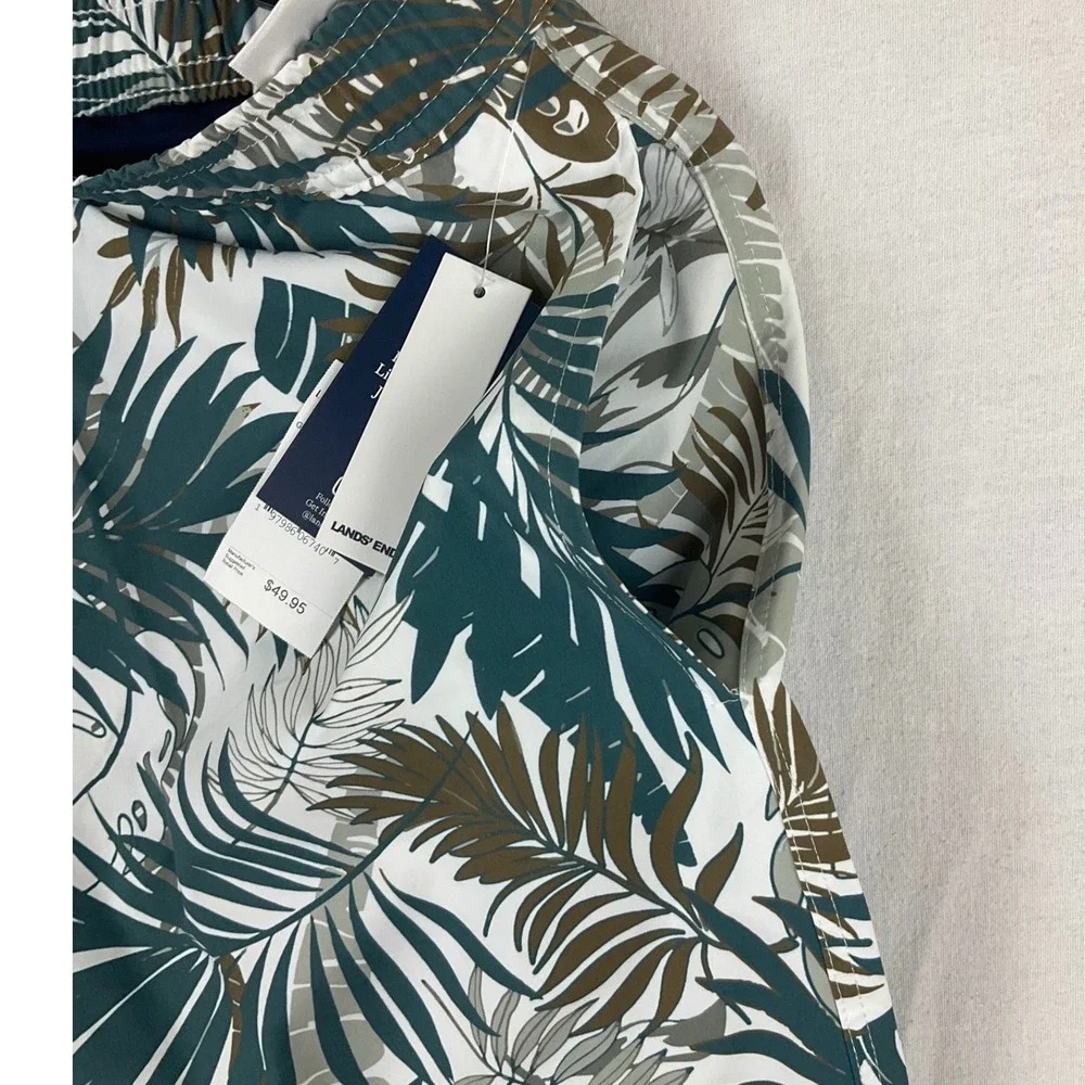 Lands End Mens Green Tropical Palm Leaf Swim Trunks UPF 50 Hydro Liner Small NEW